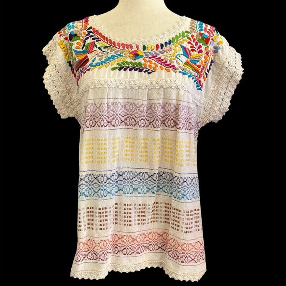 Guenda Mexican Hand Embroidered Huipil Top Size L Folk Art Colorful Crochet Boho - Picture 1 of 12